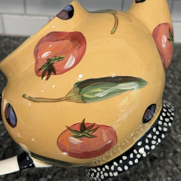 Vtg Droll Designs Ceramic Tea Pot Hand Painted Signed Veggie Tomato Pepper Olive - Picture 6 of 13